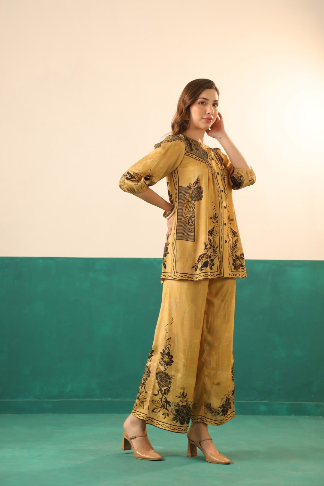 Mustard Printed Viscose Santoon Shirt & Pant Co - Ord Set for Women - Nyaro