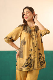 Mustard Printed Viscose Santoon Shirt & Pant Co - Ord Set for Women - Nyaro