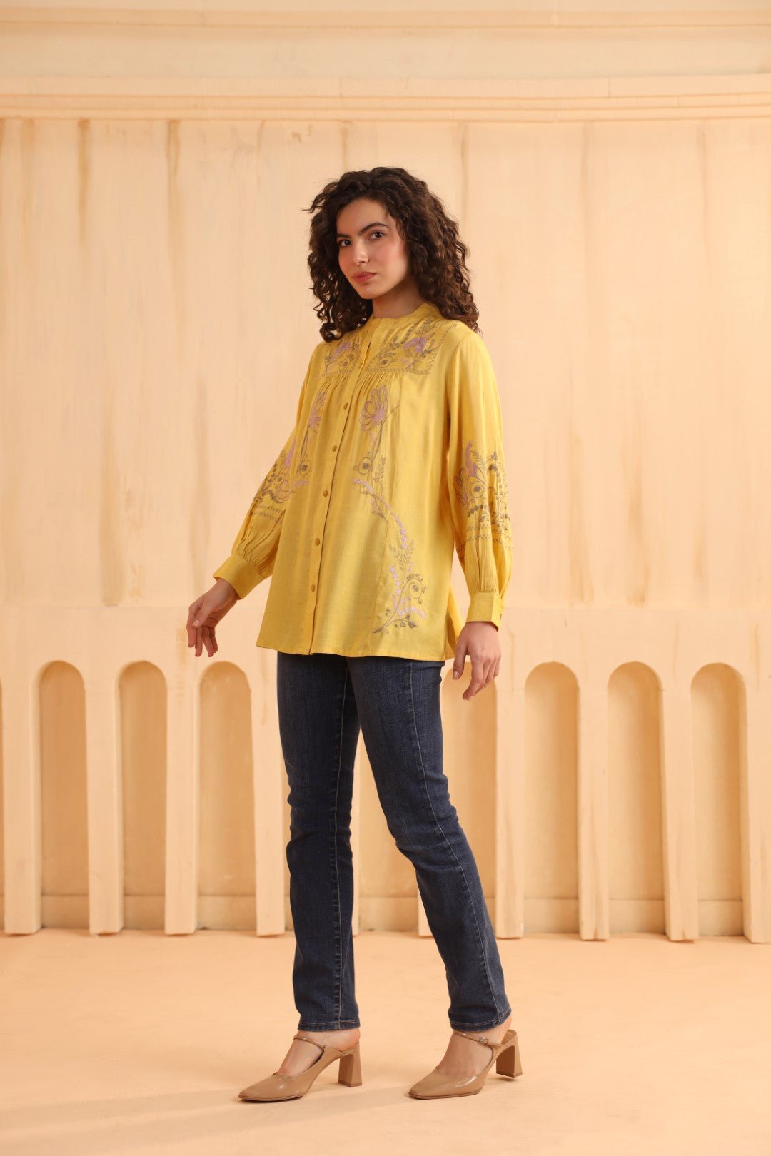 Mustard Yellow Embroidered Cotton Linen Shirt Style Top for Women - Nyaro