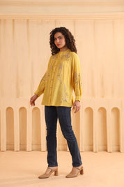Mustard Yellow Embroidered Cotton Linen Shirt Style Top for Women - Nyaro