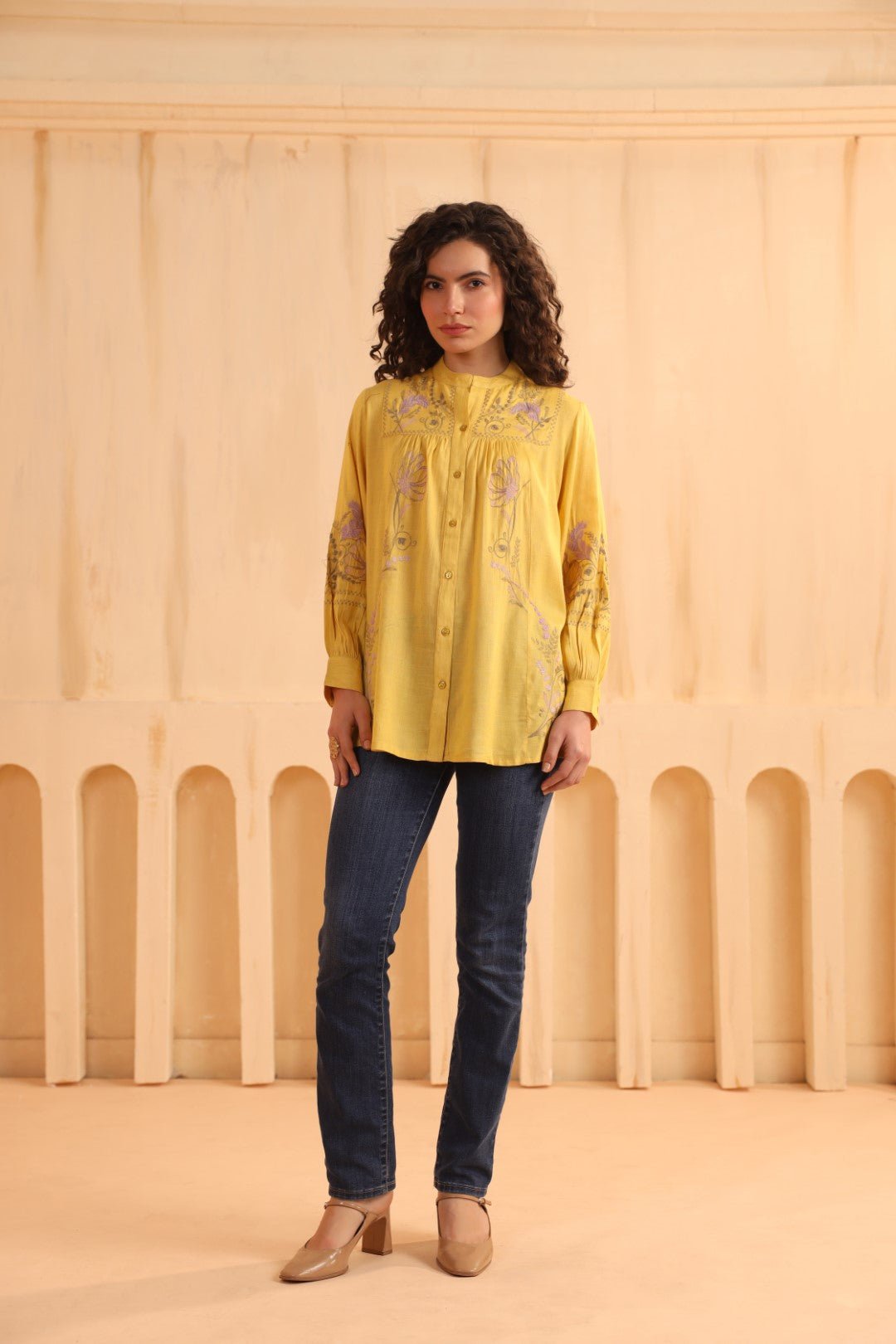 Mustard Yellow Embroidered Cotton Linen Shirt Style Top for Women - Nyaro