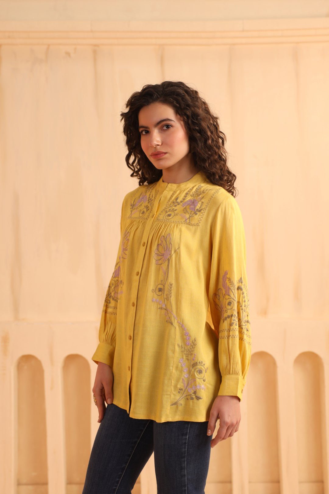 Mustard Yellow Embroidered Cotton Linen Shirt Style Top for Women - Nyaro