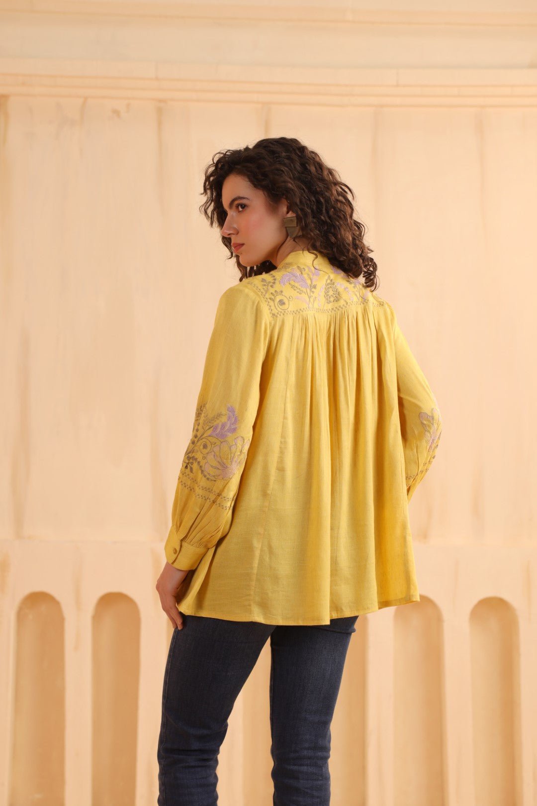 Mustard Yellow Embroidered Cotton Linen Shirt Style Top for Women - Nyaro
