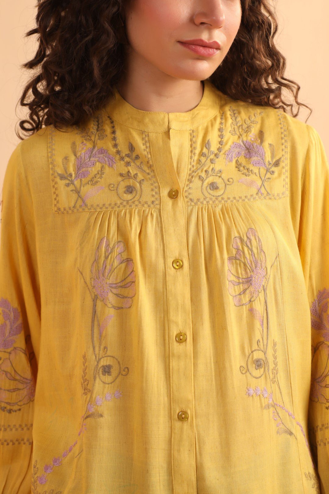 Mustard Yellow Embroidered Cotton Linen Shirt Style Top for Women - Nyaro