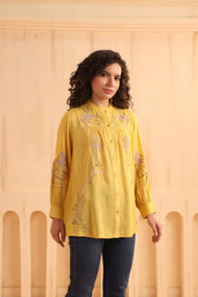 Mustard Yellow Embroidered Cotton Linen Shirt Style Top for Women - Nyaro