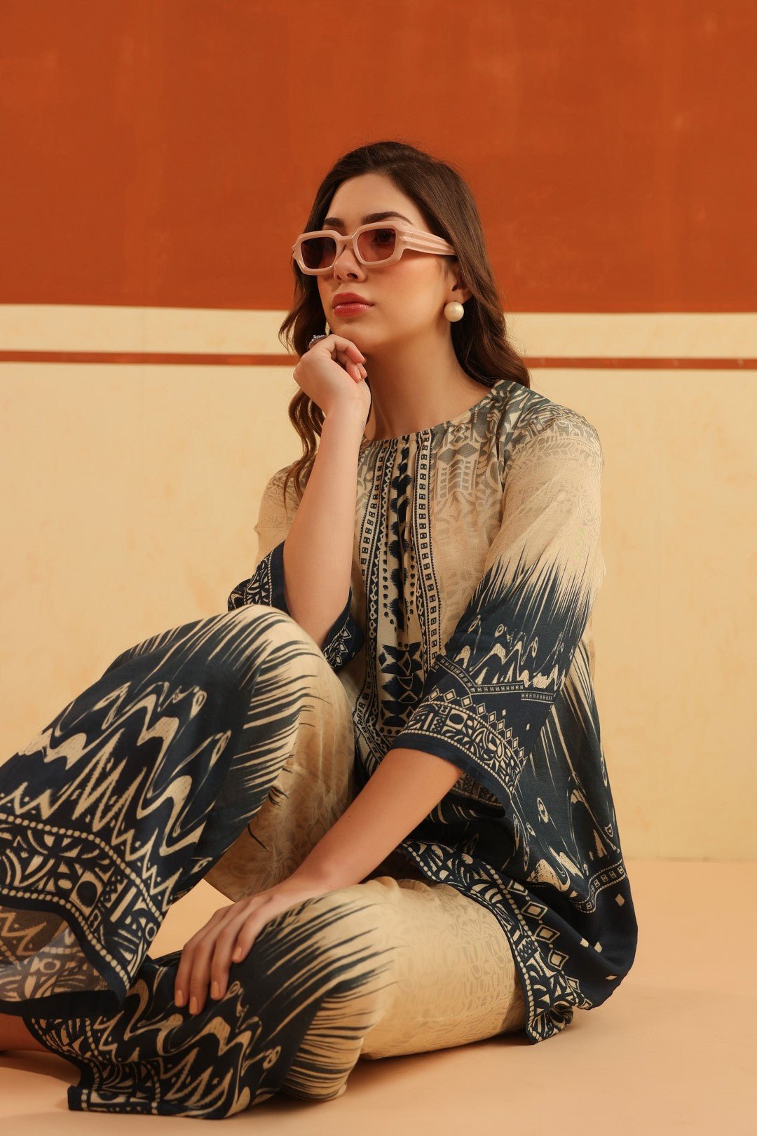 Nyaro Beige & Navy Printed Viscose Co - Ord Set for Women - Nyaro