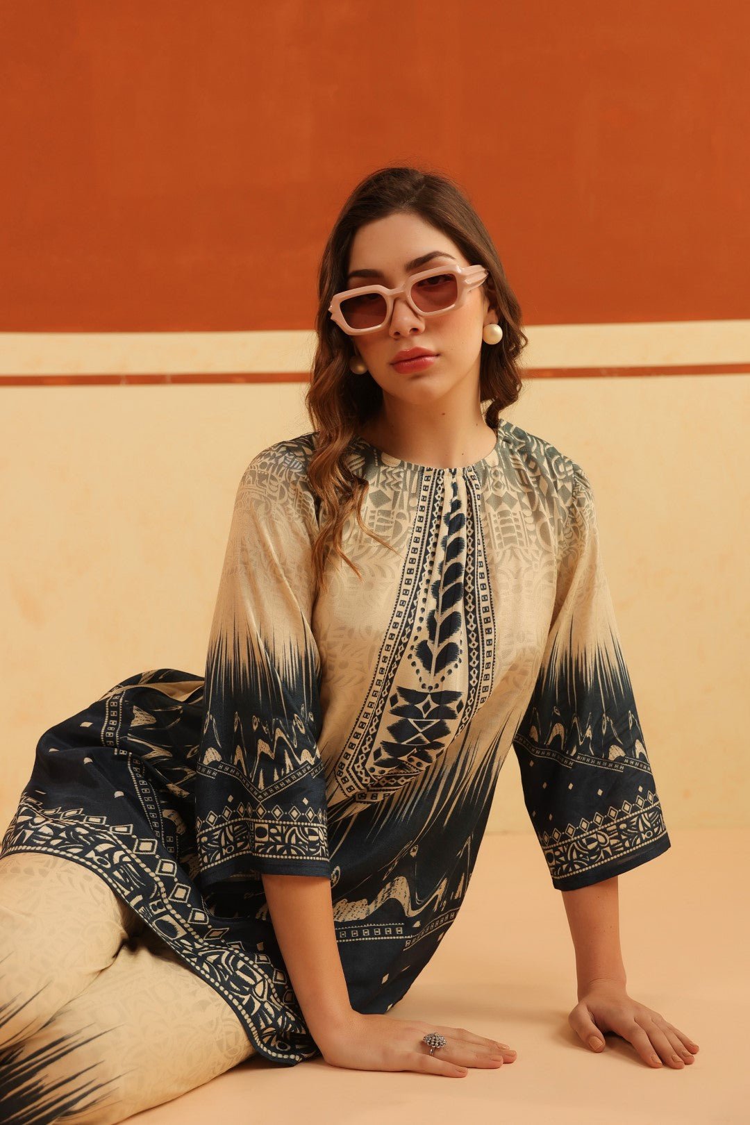 Nyaro Beige & Navy Printed Viscose Co - Ord Set for Women - Nyaro