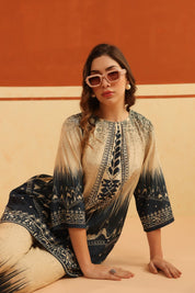 Nyaro Beige & Navy Printed Viscose Co - Ord Set for Women - Nyaro