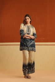 Nyaro Beige & Navy Printed Viscose Co - Ord Set for Women - Nyaro