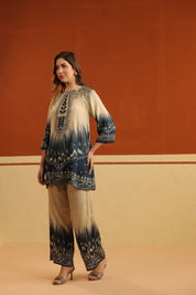 Nyaro Beige & Navy Printed Viscose Co - Ord Set for Women - Nyaro