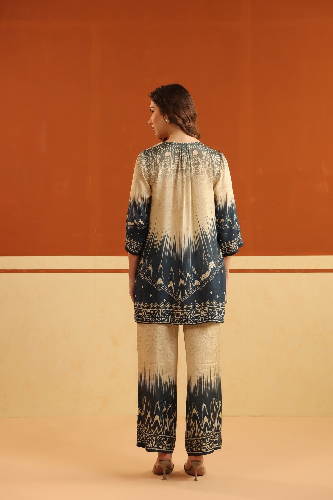 Nyaro Beige & Navy Printed Viscose Co - Ord Set for Women - Nyaro