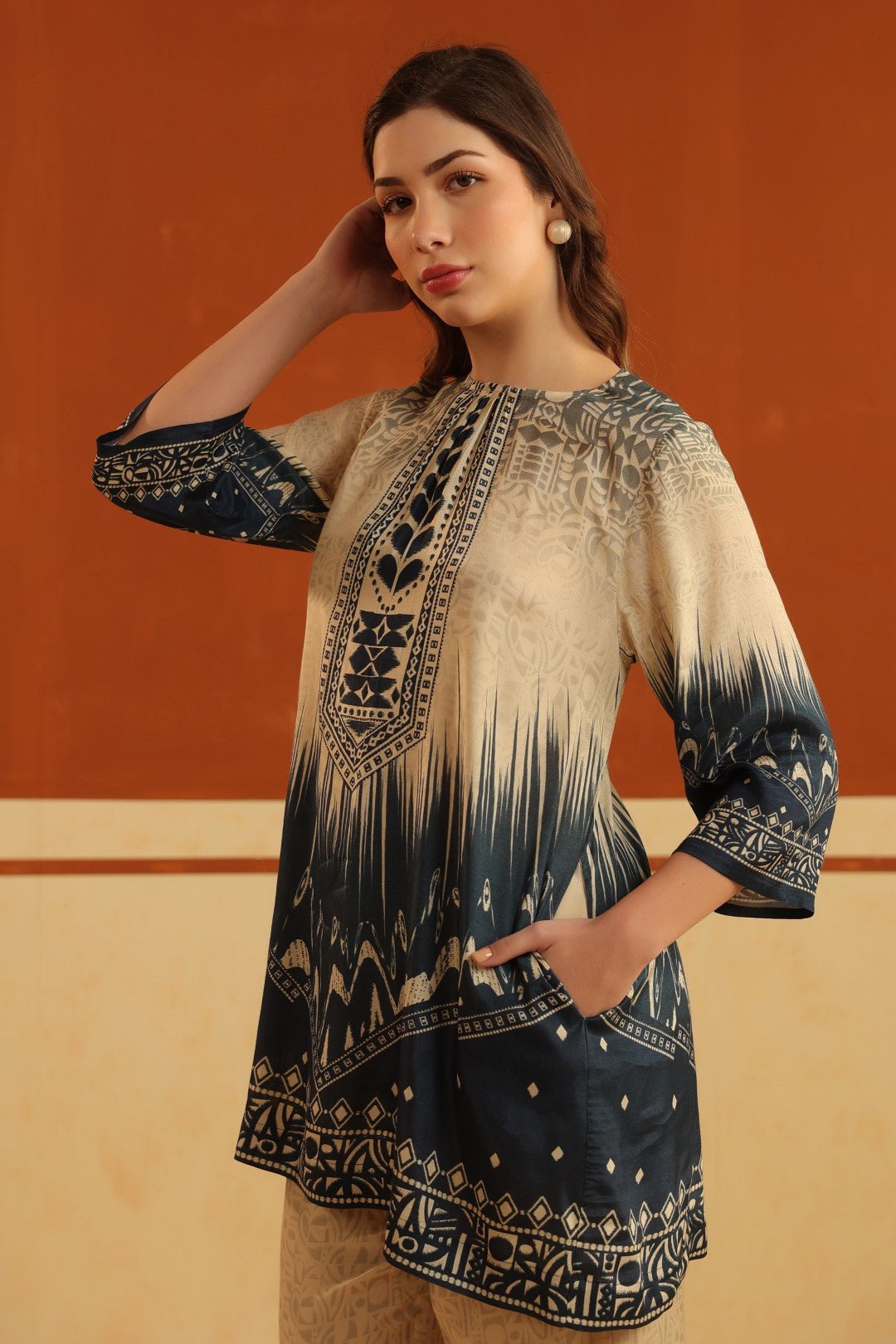 Nyaro Beige & Navy Printed Viscose Co - Ord Set for Women - Nyaro