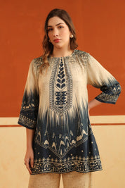 Nyaro Beige & Navy Printed Viscose Co - Ord Set for Women - Nyaro