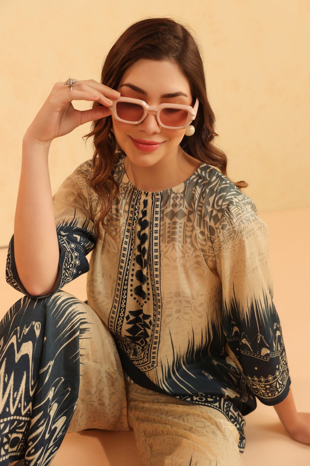 Nyaro Beige & Navy Printed Viscose Co - Ord Set for Women - Nyaro