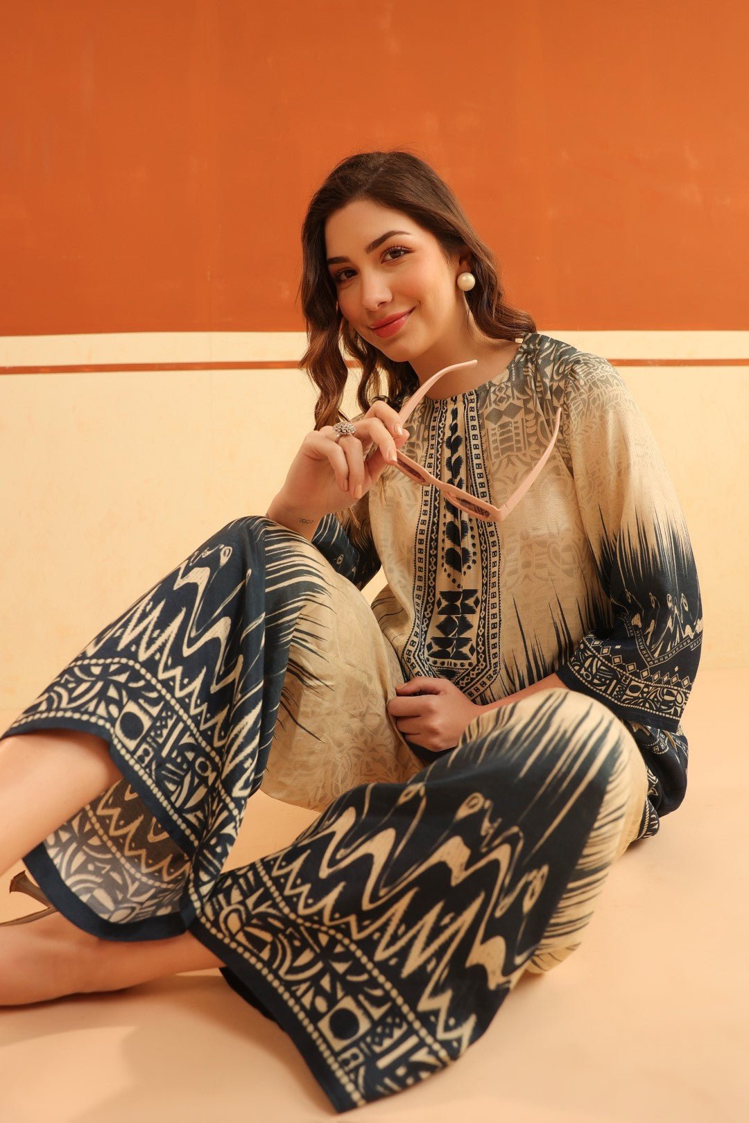 Nyaro Beige & Navy Printed Viscose Co - Ord Set for Women - Nyaro