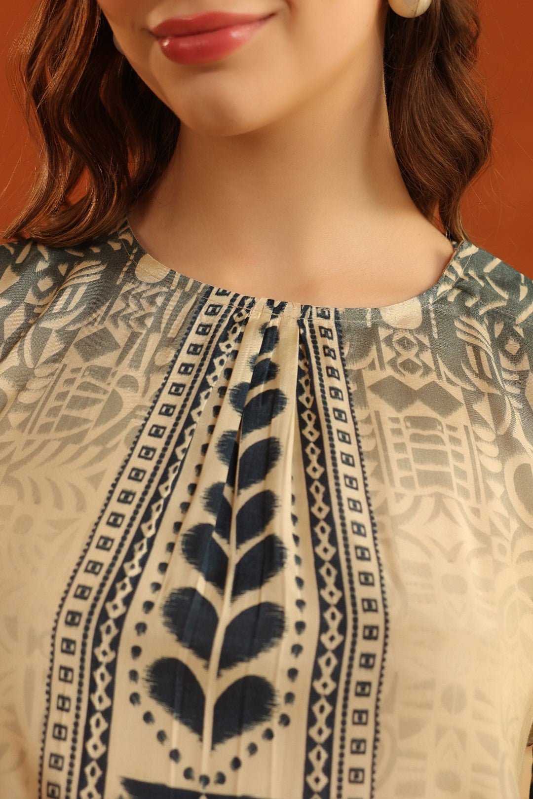 Nyaro Beige & Navy Printed Viscose Co - Ord Set for Women - Nyaro