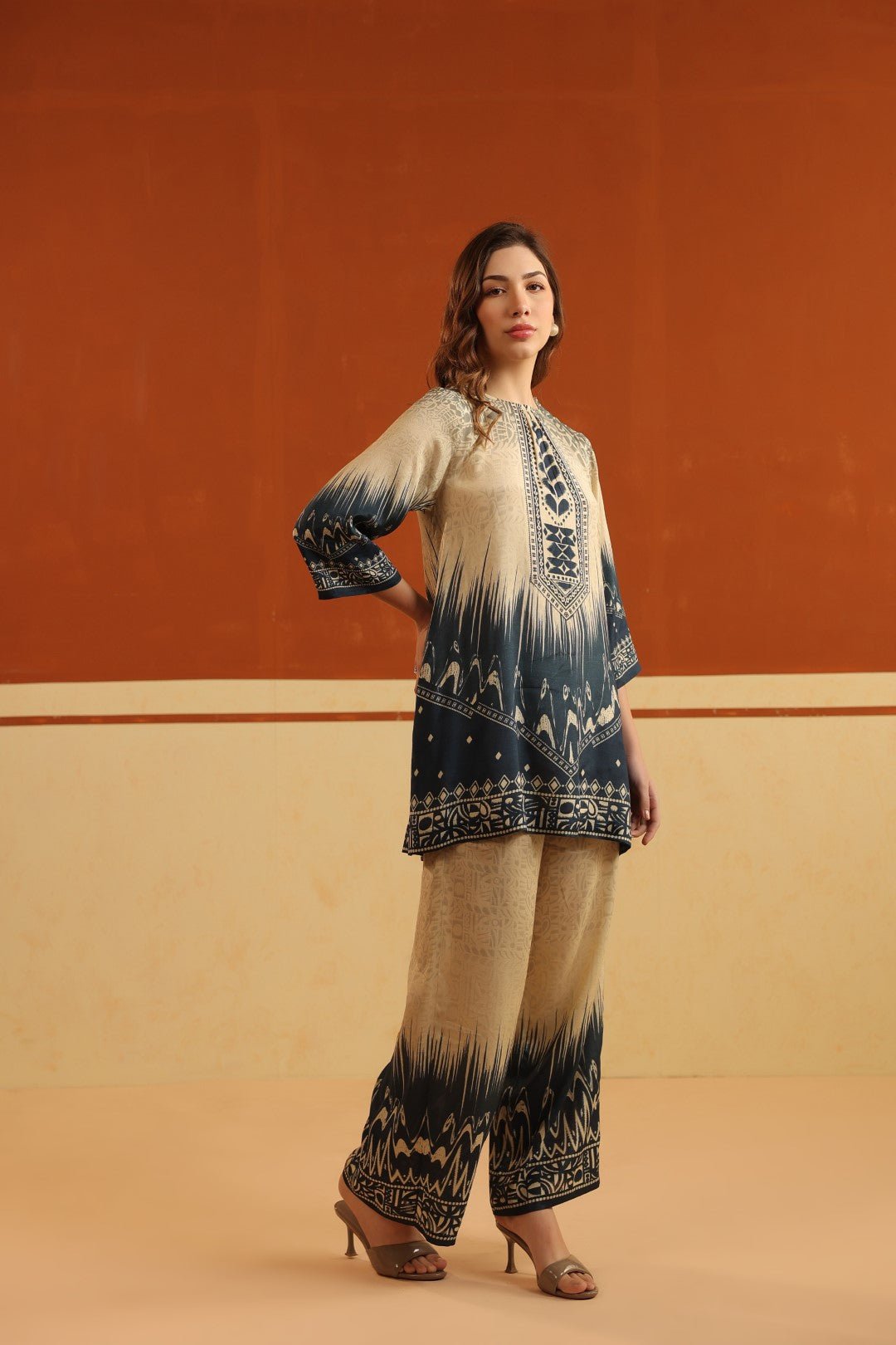 Nyaro Beige & Navy Printed Viscose Co - Ord Set for Women - Nyaro