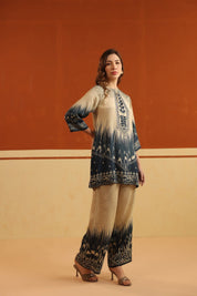 Nyaro Beige & Navy Printed Viscose Co - Ord Set for Women - Nyaro