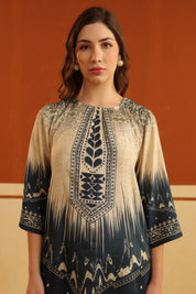 Nyaro Beige & Navy Printed Viscose Co - Ord Set for Women - Nyaro