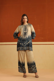 Nyaro Beige & Navy Printed Viscose Co - Ord Set for Women - Nyaro