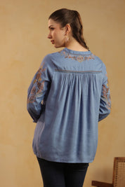 Nyaro Dusty Blue Embroidered Cotton Linen Top for Women - Nyaro