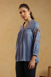 Nyaro Dusty Blue Embroidered Cotton Linen Top for Women - Nyaro