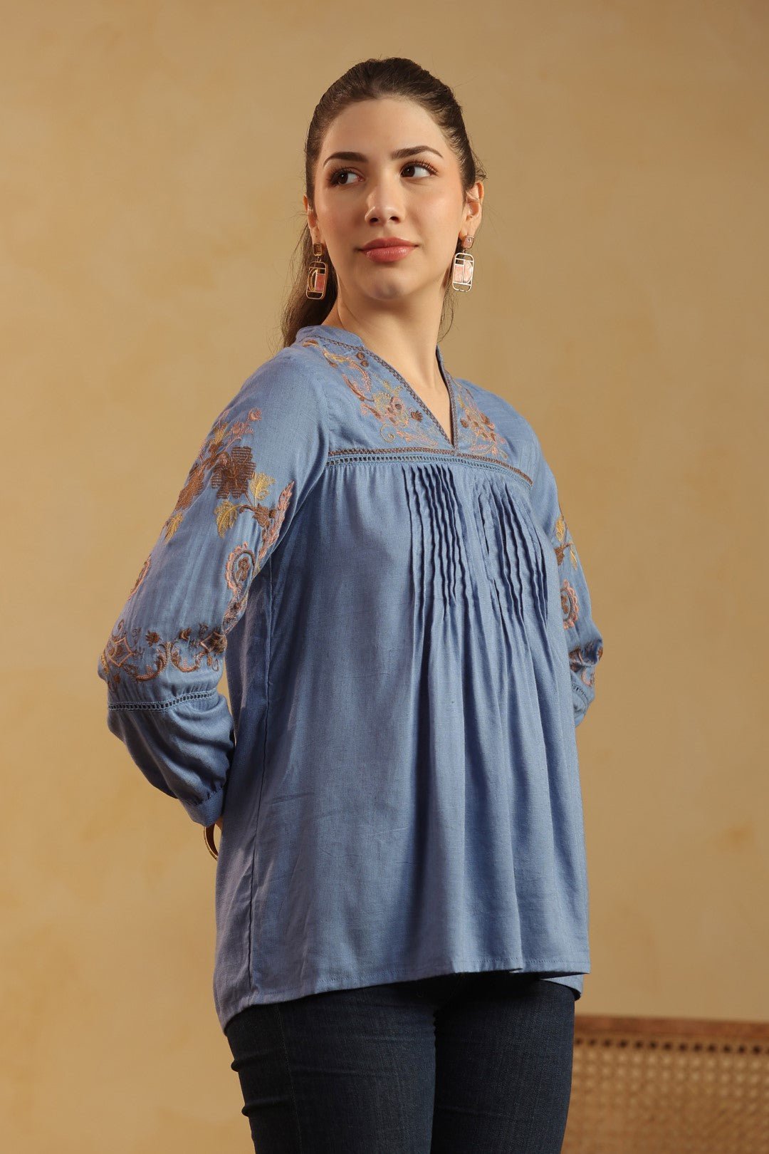 Nyaro Dusty Blue Embroidered Cotton Linen Top for Women - Nyaro