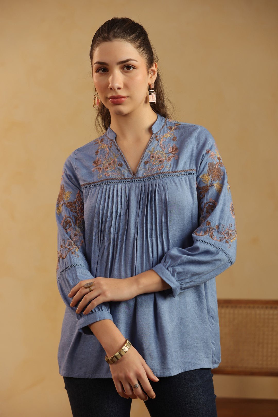Nyaro Dusty Blue Embroidered Cotton Linen Top for Women - Nyaro