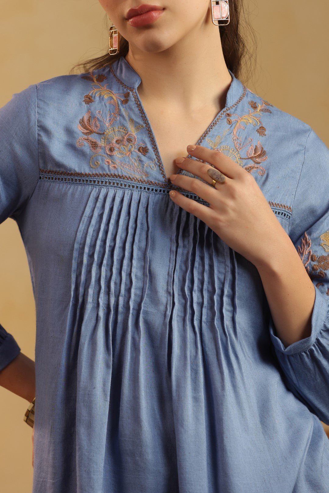 Nyaro Dusty Blue Embroidered Cotton Linen Top for Women - Nyaro