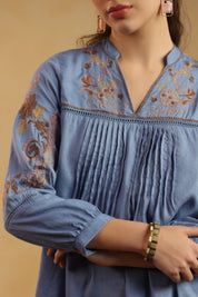 Nyaro Dusty Blue Embroidered Cotton Linen Top for Women - Nyaro