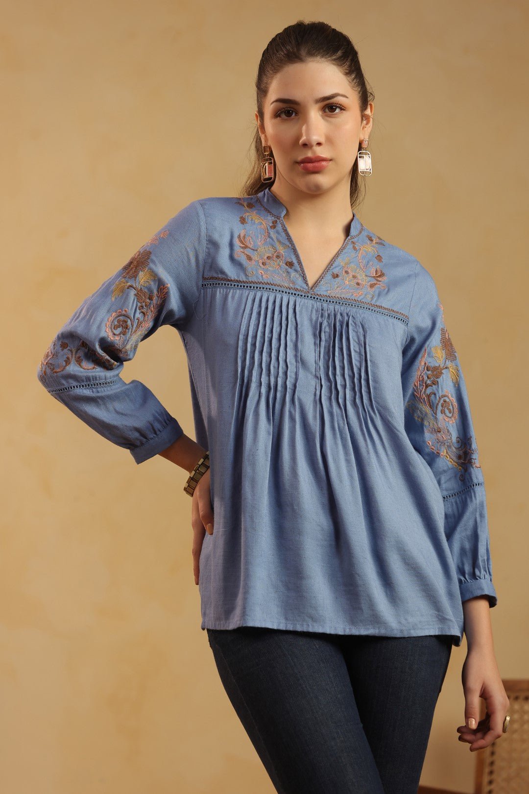 Nyaro Dusty Blue Embroidered Cotton Linen Top for Women - Nyaro