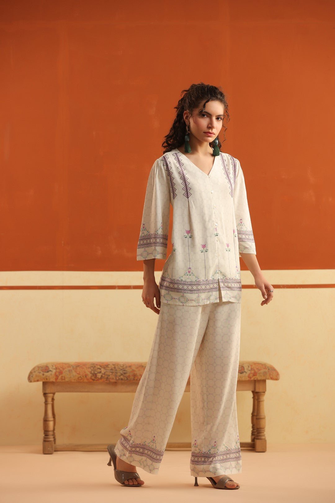 Nyaro Ivory Floral Printed Viscose Co - Ord Set for Women - Nyaro