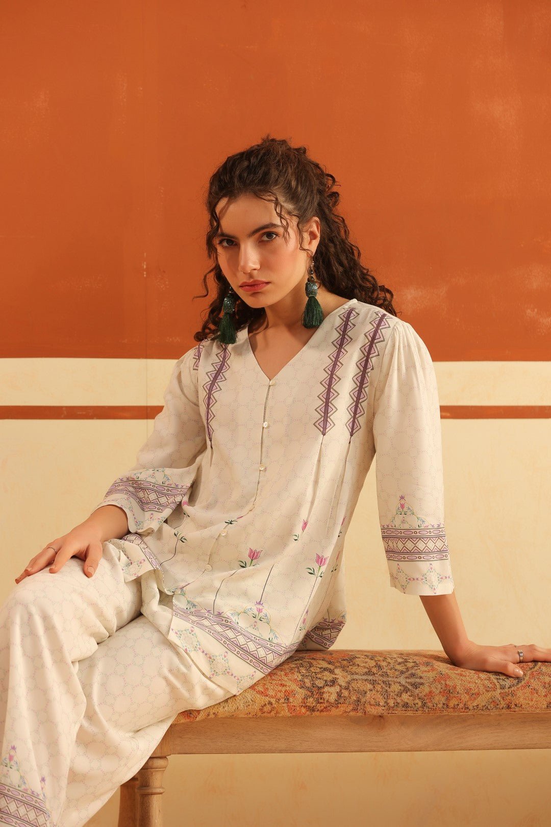 Nyaro Ivory Floral Printed Viscose Co - Ord Set for Women - Nyaro