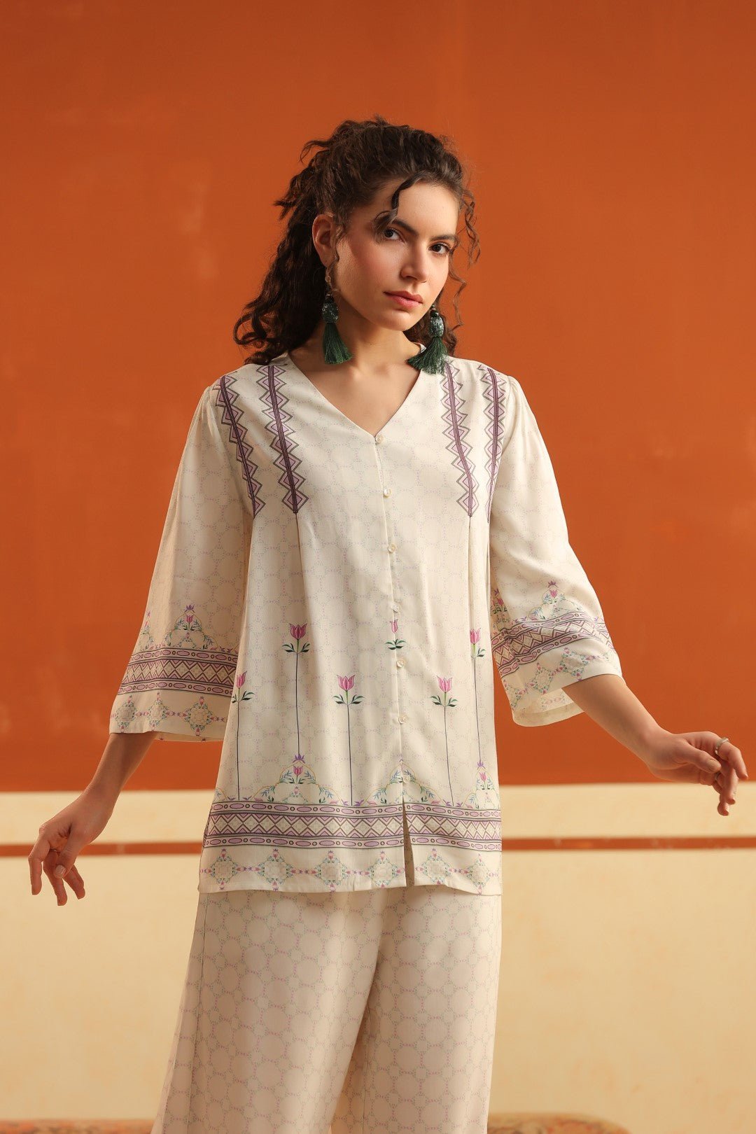 Nyaro Ivory Floral Printed Viscose Co - Ord Set for Women - Nyaro