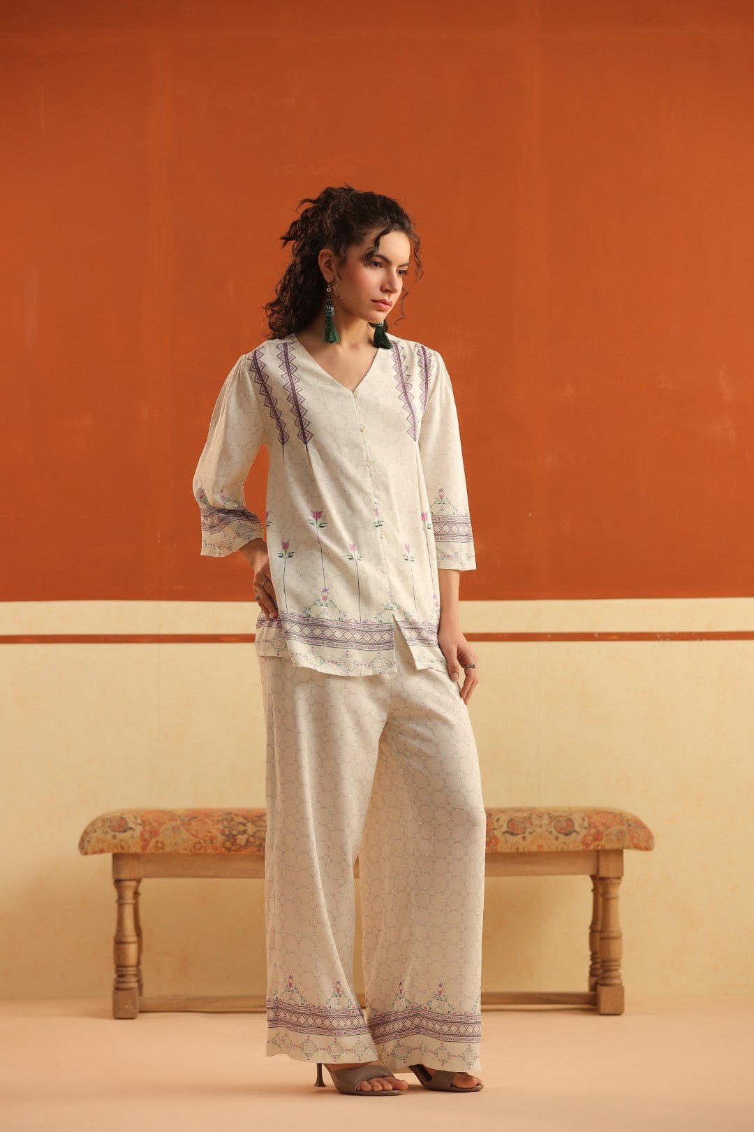 Nyaro Ivory Floral Printed Viscose Co - Ord Set for Women - Nyaro