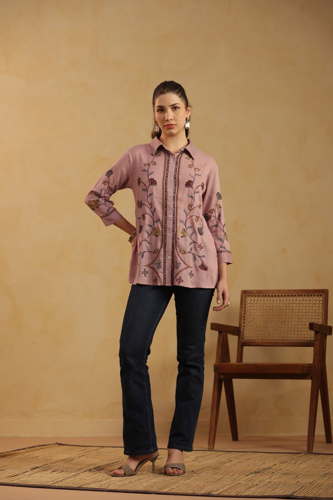 Nyaro Mauve Floral Embroidered Cotton Linen Shirt Top for Women - Nyaro