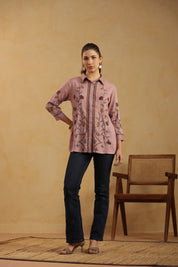 Nyaro Mauve Floral Embroidered Cotton Linen Shirt Top for Women - Nyaro