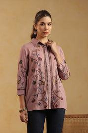 Nyaro Mauve Floral Embroidered Cotton Linen Shirt Top for Women - Nyaro