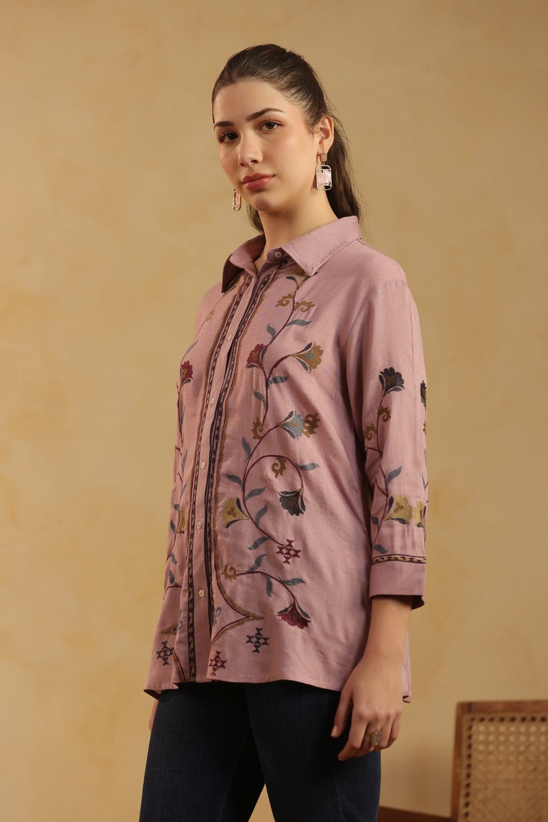 Nyaro Mauve Floral Embroidered Cotton Linen Shirt Top for Women - Nyaro
