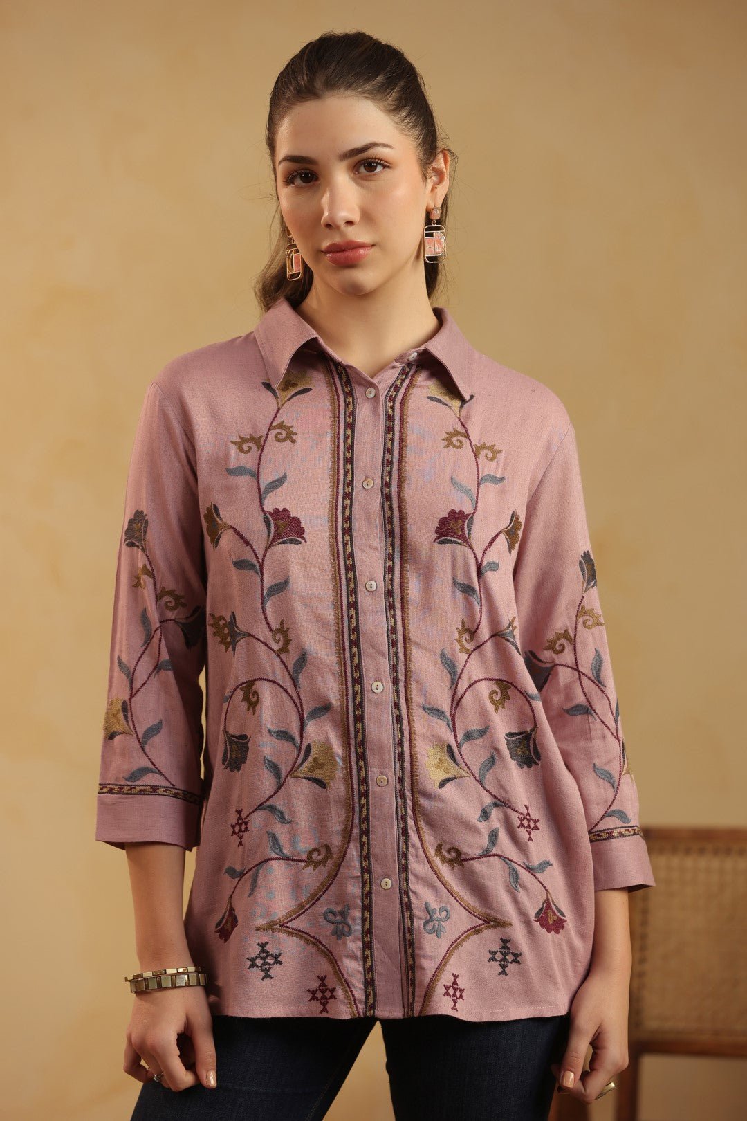 Nyaro Mauve Floral Embroidered Cotton Linen Shirt Top for Women - Nyaro