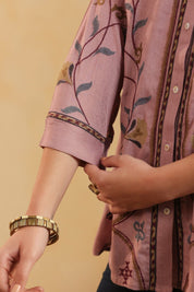 Nyaro Mauve Floral Embroidered Cotton Linen Shirt Top for Women - Nyaro