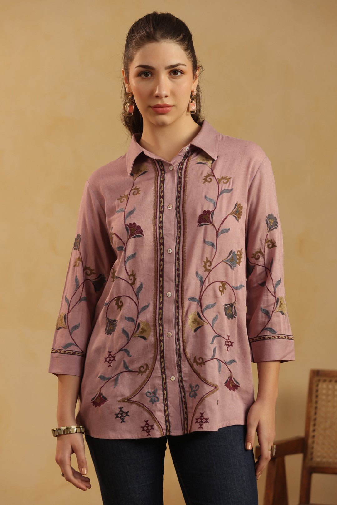 Nyaro Mauve Floral Embroidered Cotton Linen Shirt Top for Women - Nyaro