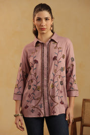 Nyaro Mauve Floral Embroidered Cotton Linen Shirt Top for Women - Nyaro