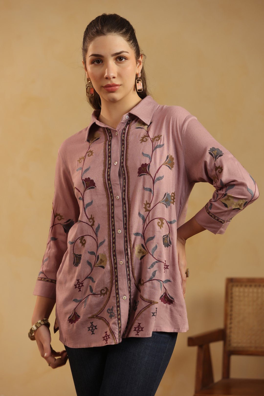 Nyaro Mauve Floral Embroidered Cotton Linen Shirt Top for Women - Nyaro