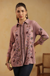 Nyaro Mauve Floral Embroidered Cotton Linen Shirt Top for Women - Nyaro