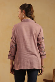 Nyaro Mauve Floral Embroidered Cotton Linen Shirt Top for Women - Nyaro