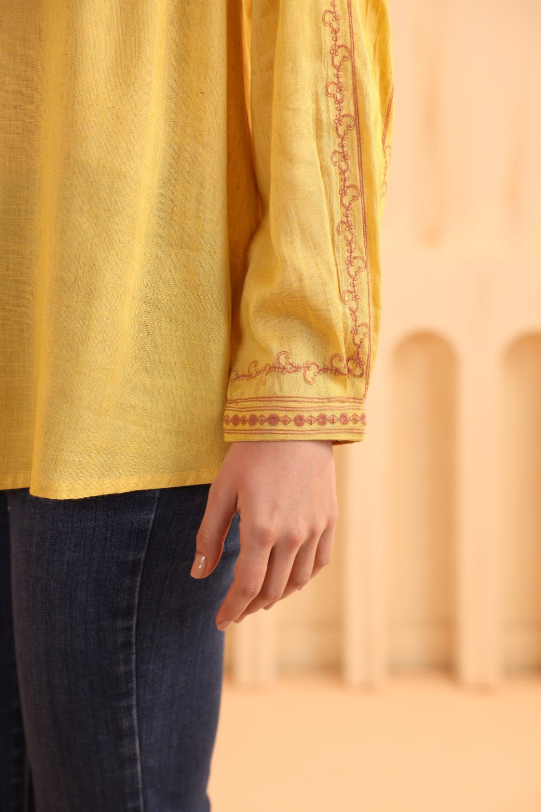 Nyaro Mustard Embroidered Cotton Linen Shirt Top for Women - Nyaro