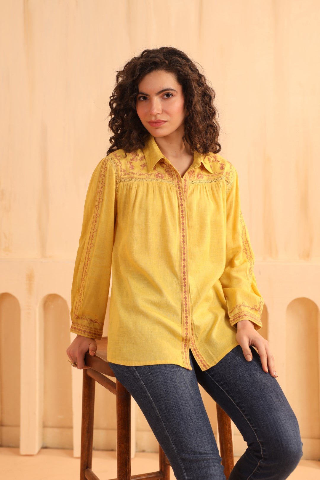 Nyaro Mustard Embroidered Cotton Linen Shirt Top for Women - Nyaro