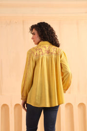 Nyaro Mustard Embroidered Cotton Linen Shirt Top for Women - Nyaro