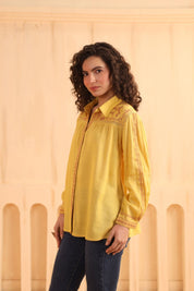Nyaro Mustard Embroidered Cotton Linen Shirt Top for Women - Nyaro